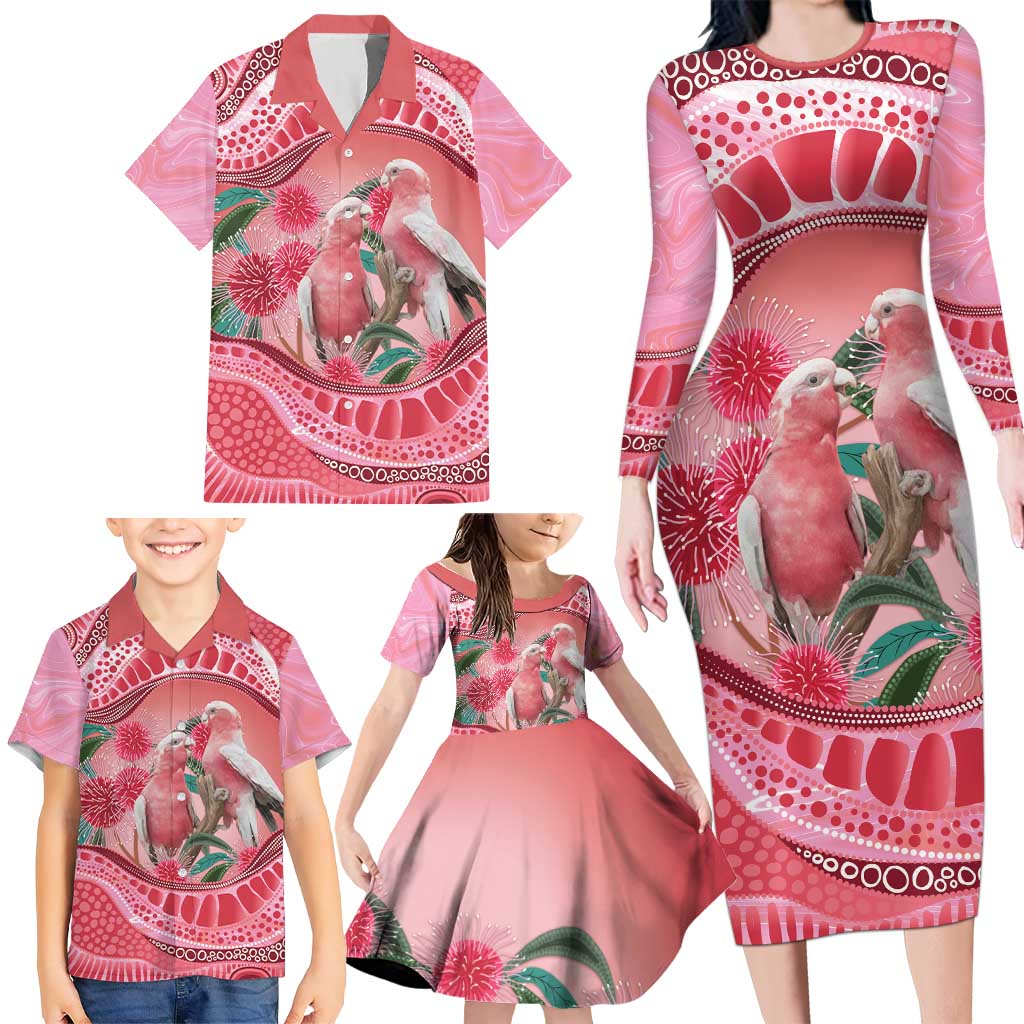 Indigenous Pink Galah Australia Family Matching Long Sleeve Bodycon Dress and Hawaiian Shirt Australian Hakea Aboriginal Art Proud