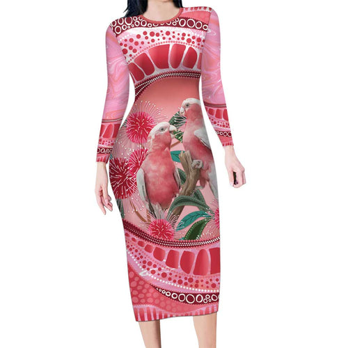 Indigenous Pink Galah Australia Family Matching Long Sleeve Bodycon Dress and Hawaiian Shirt Australian Hakea Aboriginal Art Proud