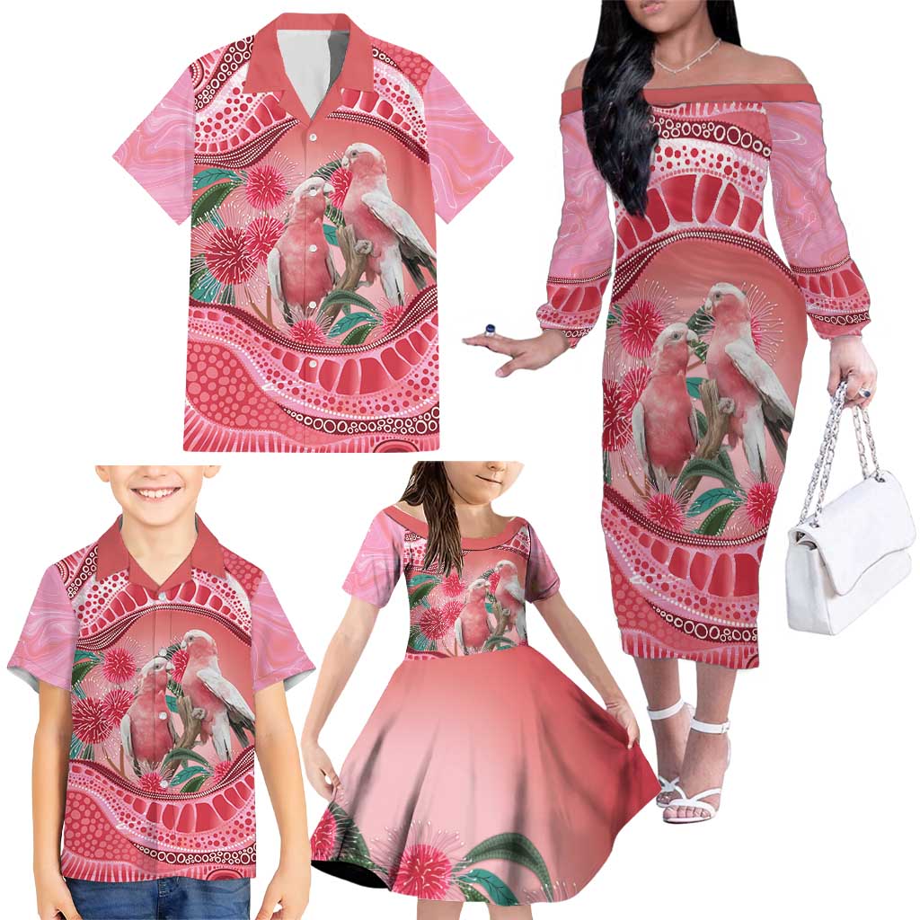 Indigenous Pink Galah Australia Family Matching Off The Shoulder Long Sleeve Dress and Hawaiian Shirt Australian Hakea Aboriginal Art Proud