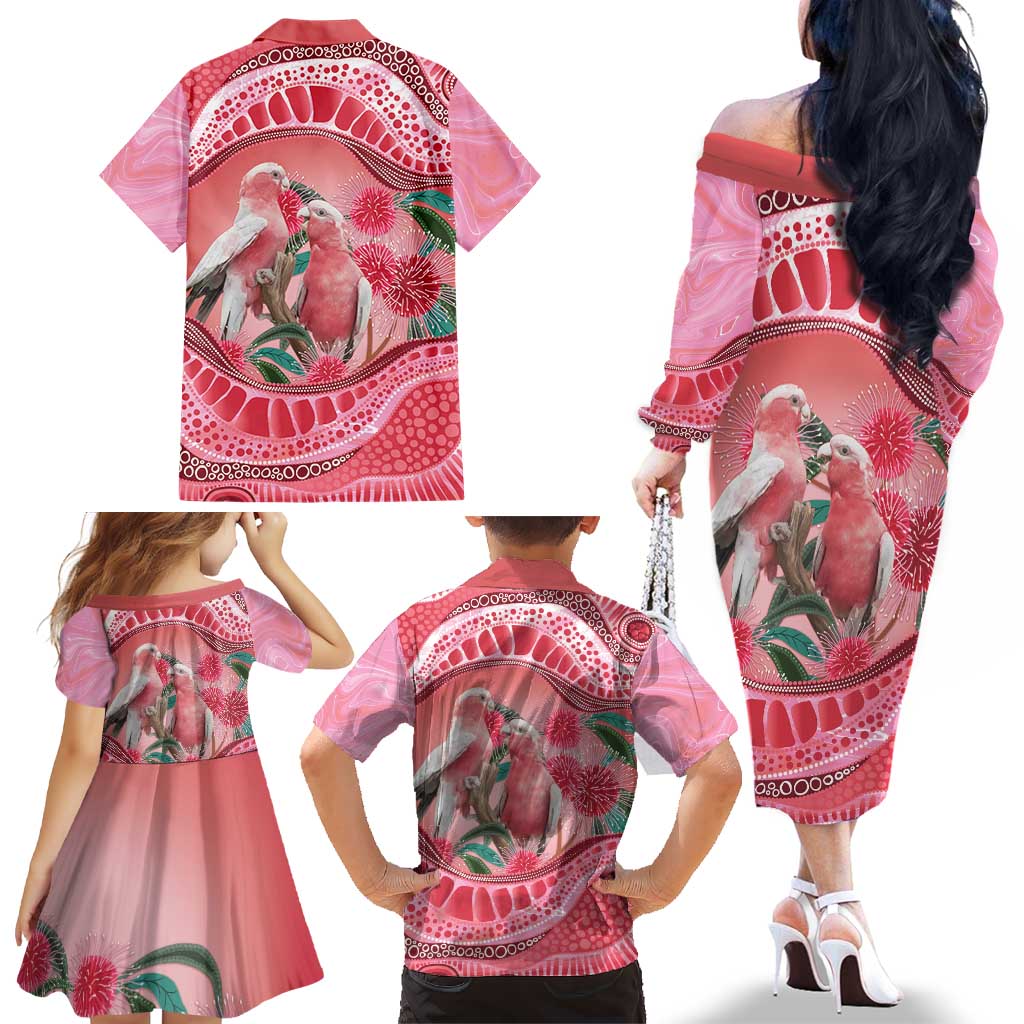 Indigenous Pink Galah Australia Family Matching Off The Shoulder Long Sleeve Dress and Hawaiian Shirt Australian Hakea Aboriginal Art Proud