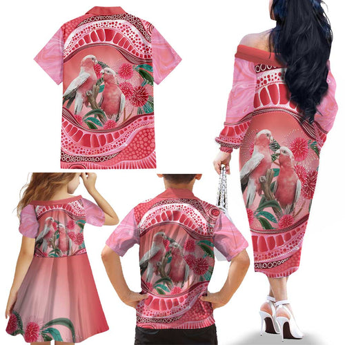 Indigenous Pink Galah Australia Family Matching Off The Shoulder Long Sleeve Dress and Hawaiian Shirt Australian Hakea Aboriginal Art Proud