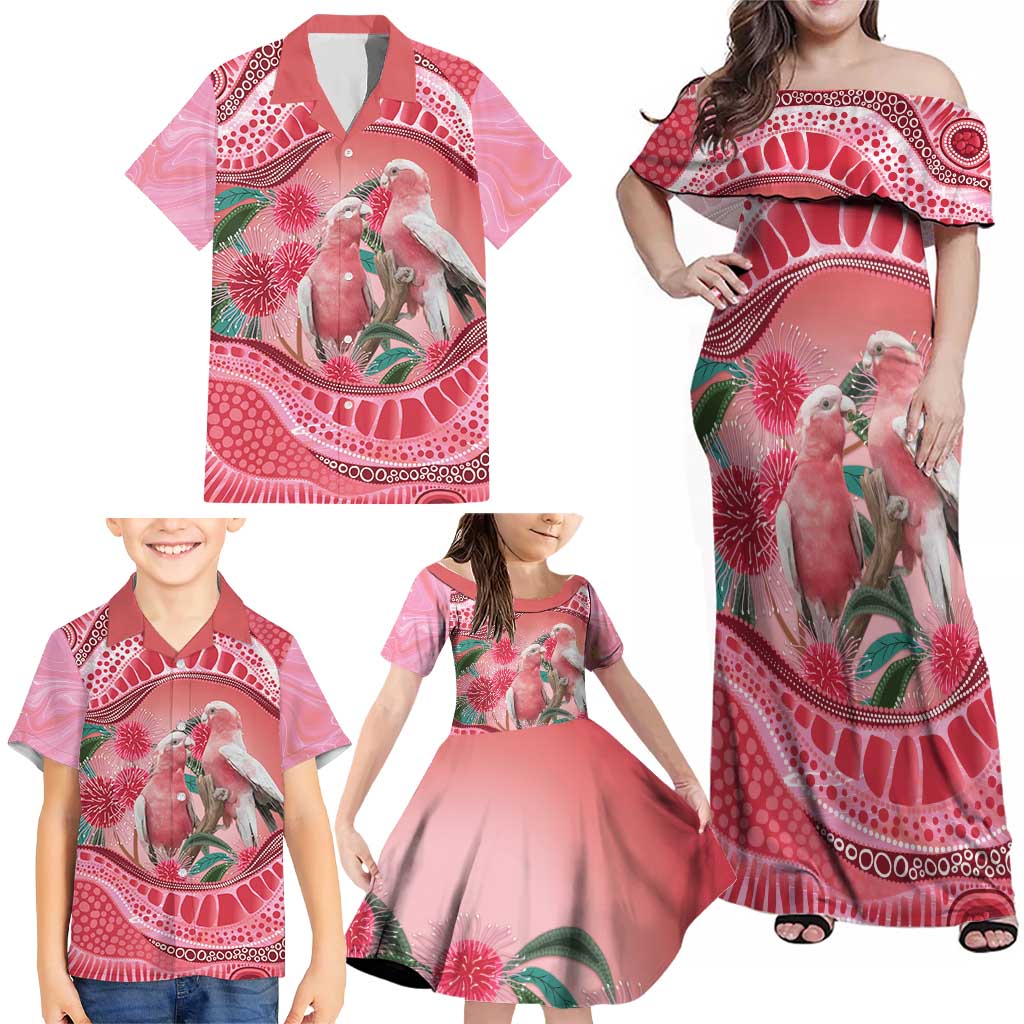Indigenous Pink Galah Australia Family Matching Off Shoulder Maxi Dress and Hawaiian Shirt Australian Hakea Aboriginal Art Proud
