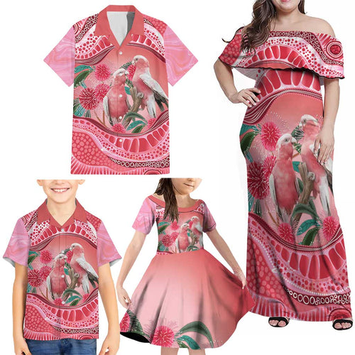 Indigenous Pink Galah Australia Family Matching Off Shoulder Maxi Dress and Hawaiian Shirt Australian Hakea Aboriginal Art Proud