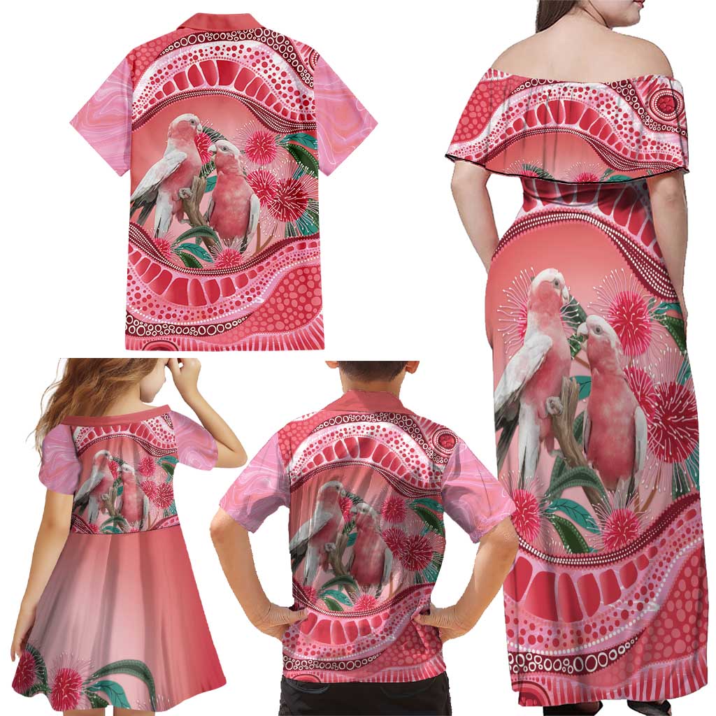 Indigenous Pink Galah Australia Family Matching Off Shoulder Maxi Dress and Hawaiian Shirt Australian Hakea Aboriginal Art Proud
