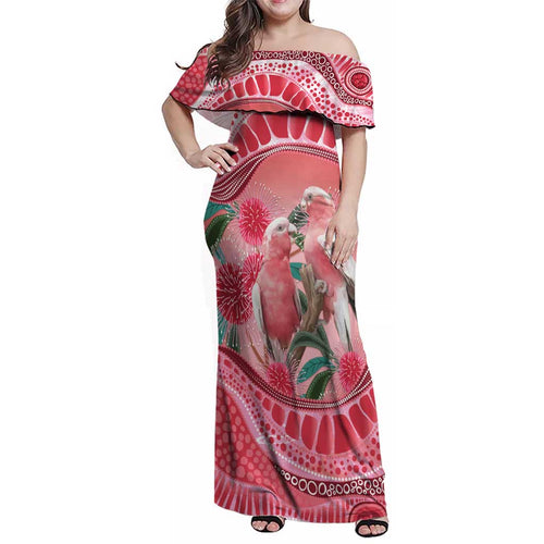 Indigenous Pink Galah Australia Family Matching Off Shoulder Maxi Dress and Hawaiian Shirt Australian Hakea Aboriginal Art Proud