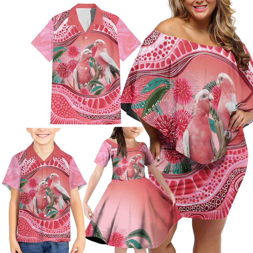 Indigenous Pink Galah Australia Family Matching Off Shoulder Short Dress and Hawaiian Shirt Australian Hakea Aboriginal Art Proud