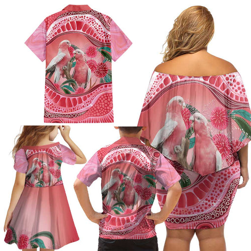 Indigenous Pink Galah Australia Family Matching Off Shoulder Short Dress and Hawaiian Shirt Australian Hakea Aboriginal Art Proud