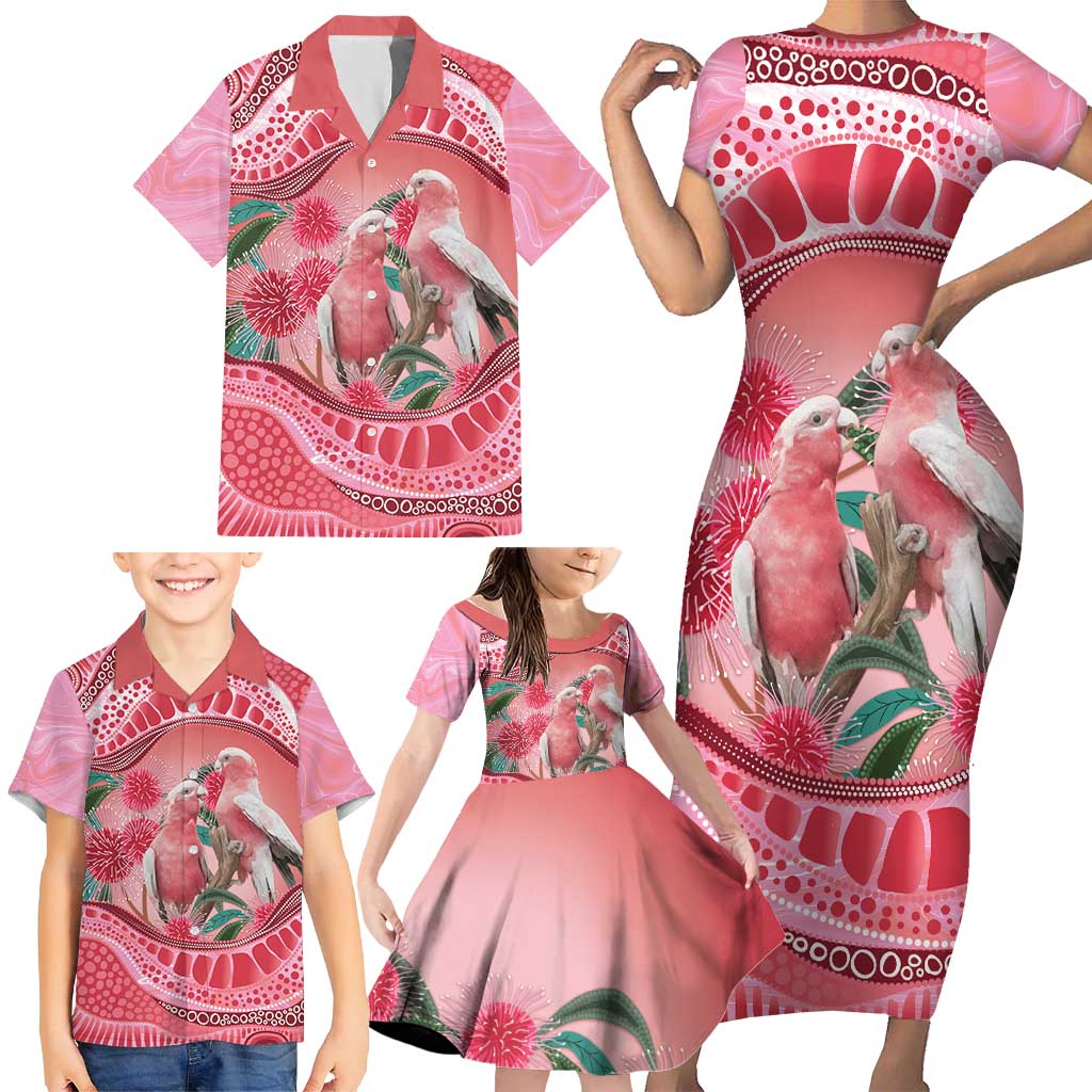 Indigenous Pink Galah Australia Family Matching Short Sleeve Bodycon Dress and Hawaiian Shirt Australian Hakea Aboriginal Art Proud