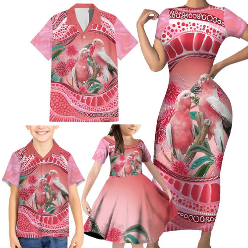Indigenous Pink Galah Australia Family Matching Short Sleeve Bodycon Dress and Hawaiian Shirt Australian Hakea Aboriginal Art Proud
