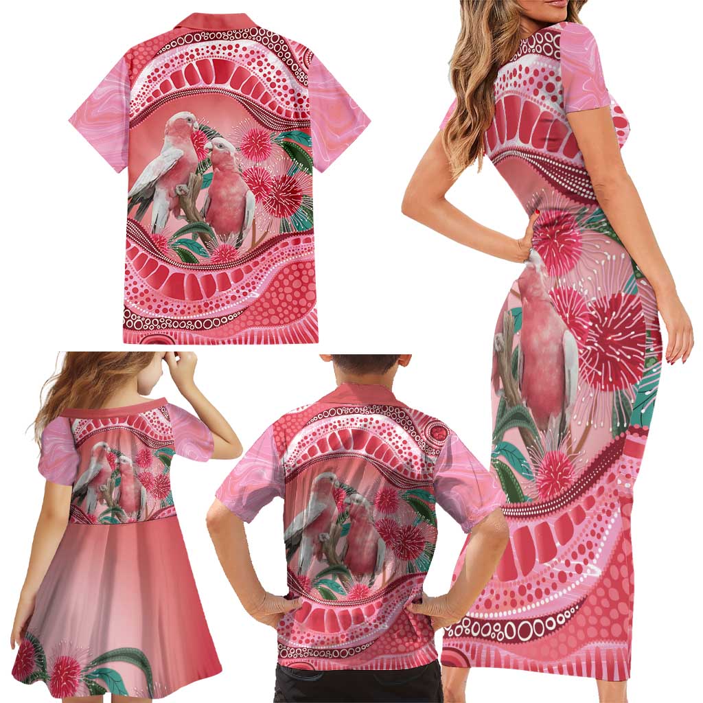 Indigenous Pink Galah Australia Family Matching Short Sleeve Bodycon Dress and Hawaiian Shirt Australian Hakea Aboriginal Art Proud