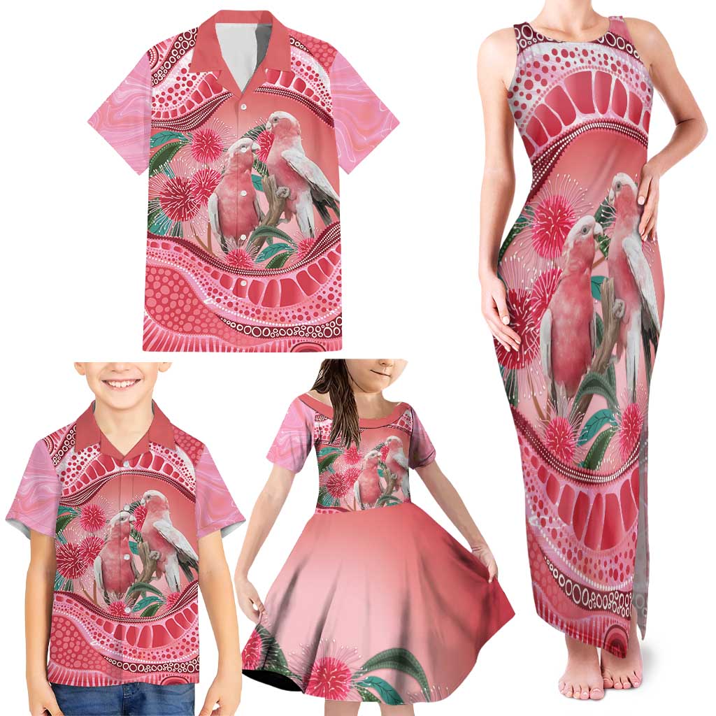Indigenous Pink Galah Australia Family Matching Tank Maxi Dress and Hawaiian Shirt Australian Hakea Aboriginal Art Proud