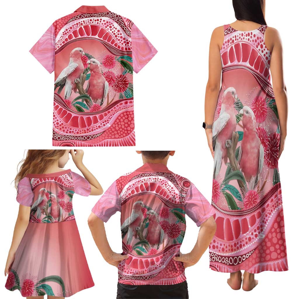 Indigenous Pink Galah Australia Family Matching Tank Maxi Dress and Hawaiian Shirt Australian Hakea Aboriginal Art Proud