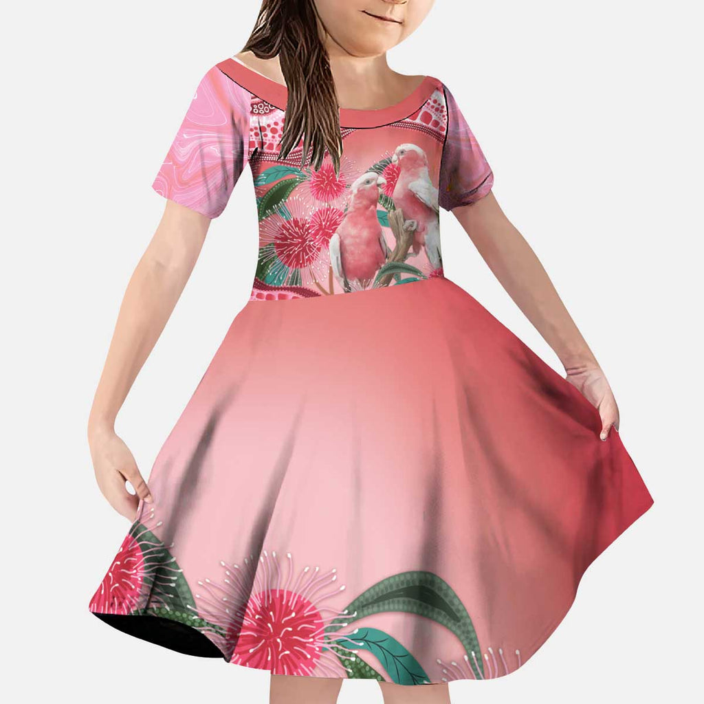 Indigenous Pink Galah Australia Kid Short Sleeve Dress Australian Hakea Aboriginal Art Proud