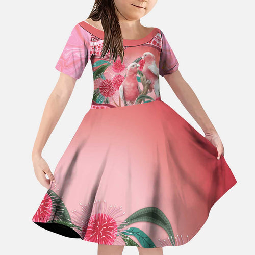 Indigenous Pink Galah Australia Kid Short Sleeve Dress Australian Hakea Aboriginal Art Proud