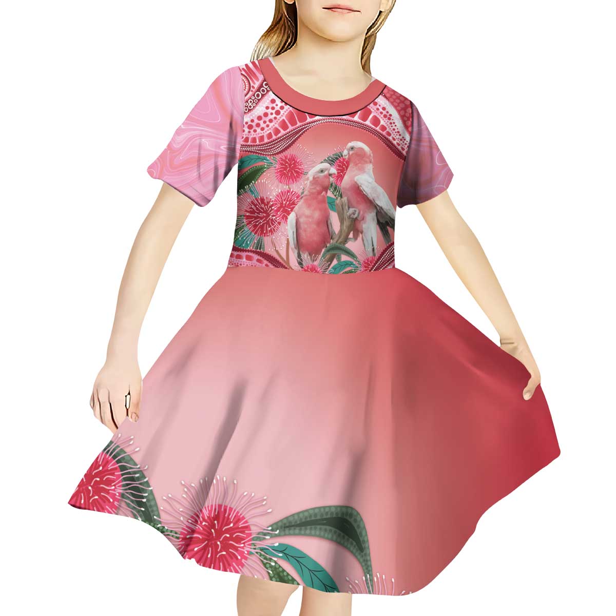 Indigenous Pink Galah Australia Kid Short Sleeve Dress Australian Hakea Aboriginal Art Proud