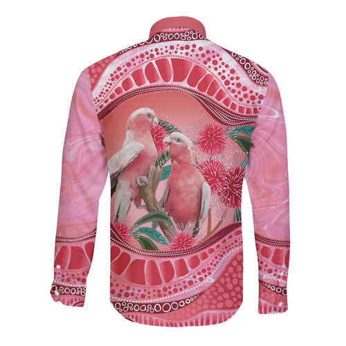 Indigenous Pink Galah Australia Long Sleeve Button Shirt Australian Hakea Aboriginal Art Proud