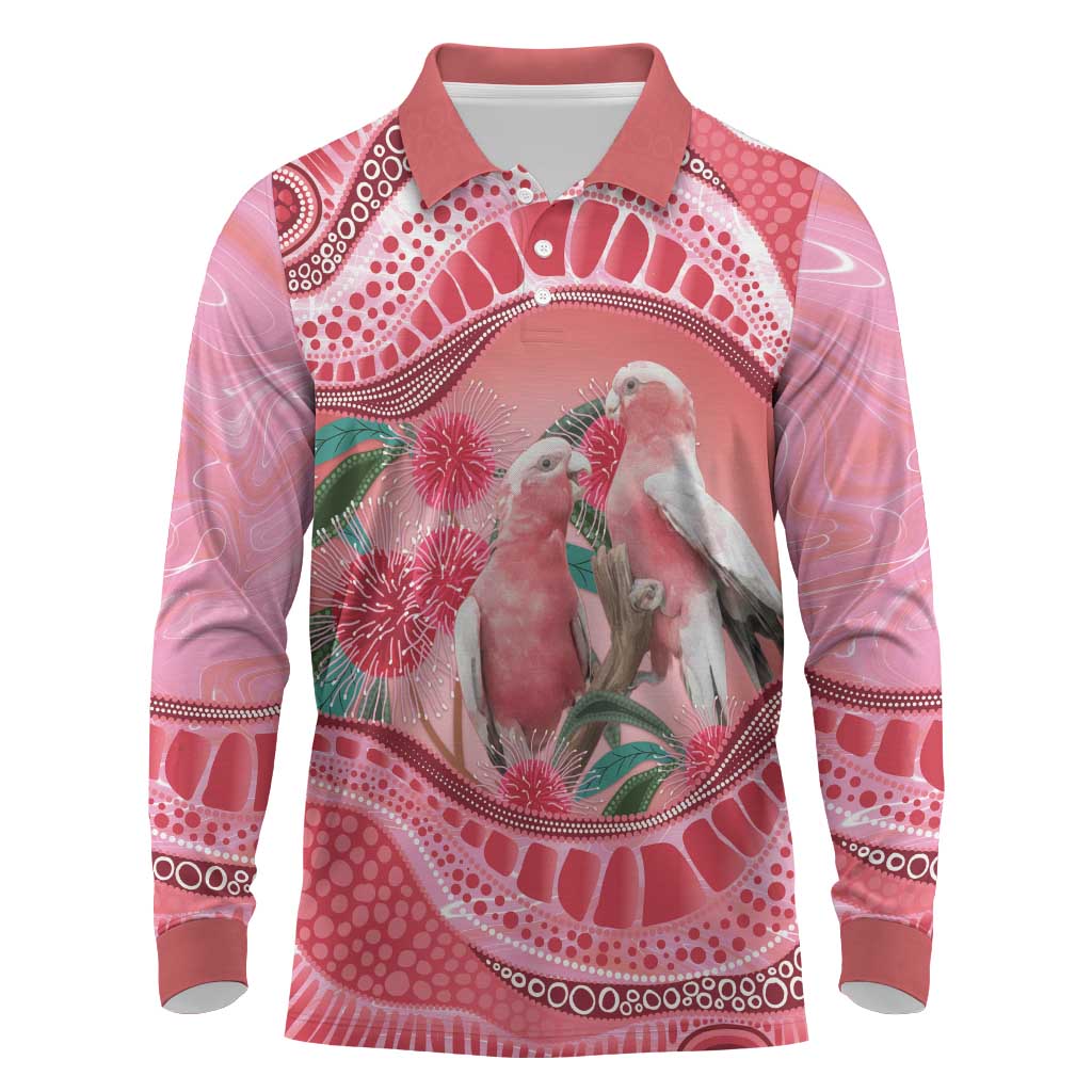 Indigenous Pink Galah Australia Long Sleeve Polo Shirt Australian Hakea Aboriginal Art Proud