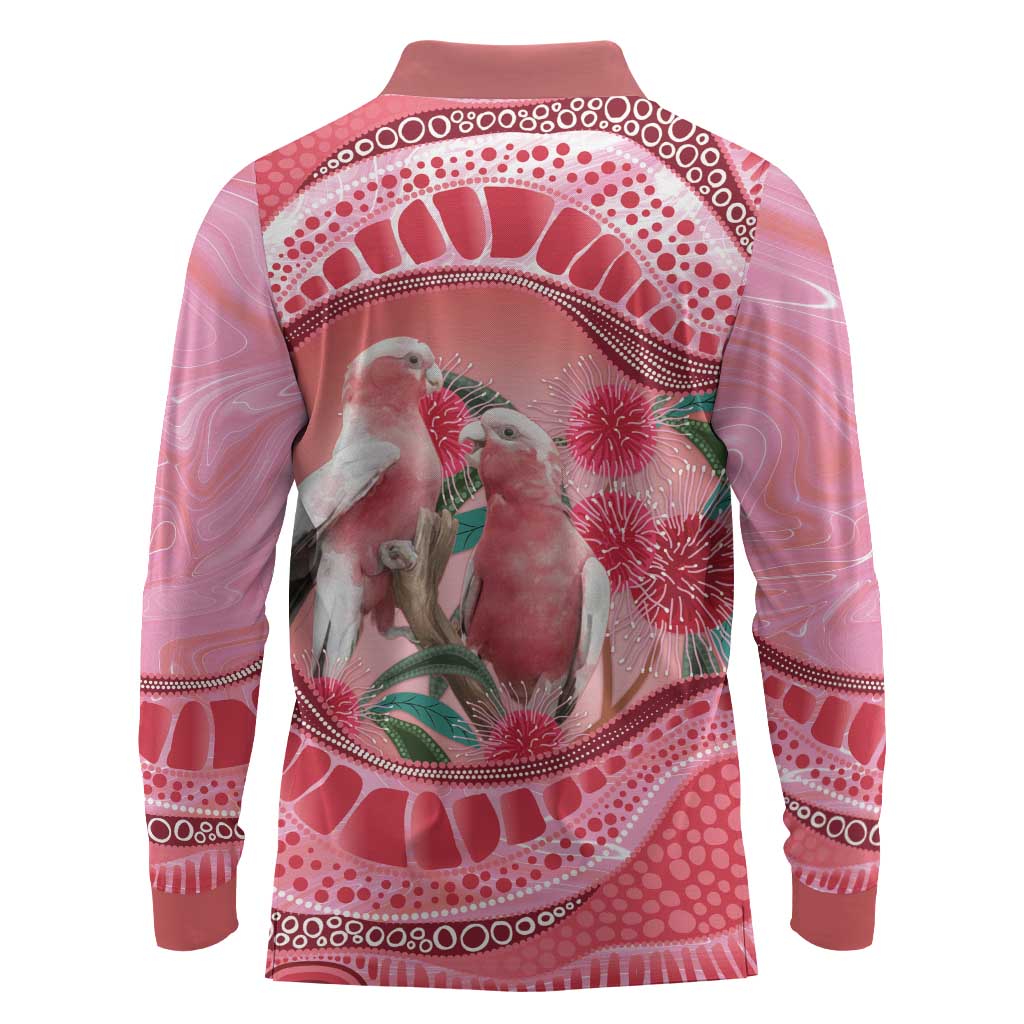 Indigenous Pink Galah Australia Long Sleeve Polo Shirt Australian Hakea Aboriginal Art Proud