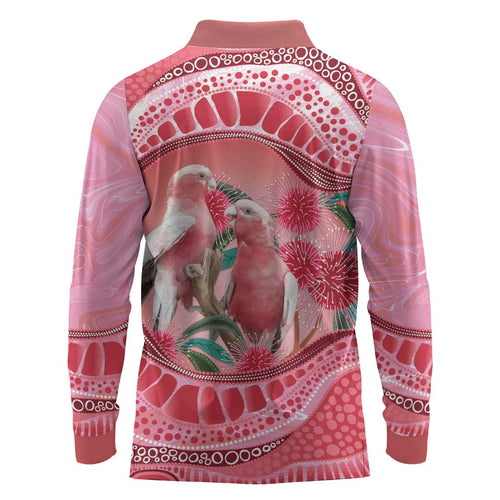 Indigenous Pink Galah Australia Long Sleeve Polo Shirt Australian Hakea Aboriginal Art Proud