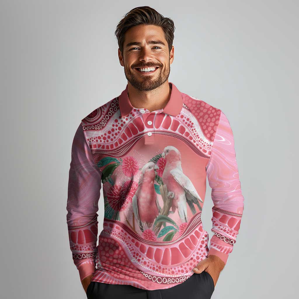 Indigenous Pink Galah Australia Long Sleeve Polo Shirt Australian Hakea Aboriginal Art Proud