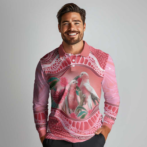 Indigenous Pink Galah Australia Long Sleeve Polo Shirt Australian Hakea Aboriginal Art Proud