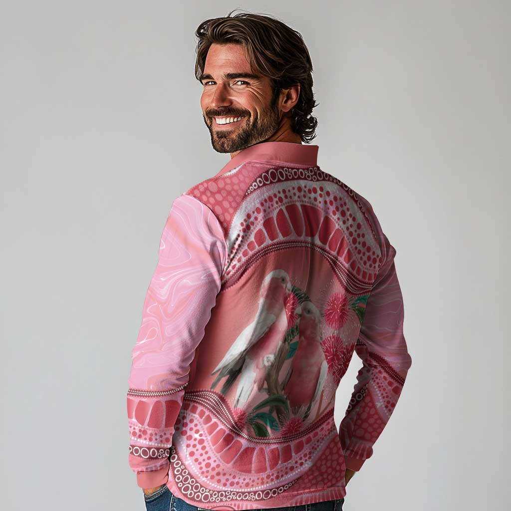 Indigenous Pink Galah Australia Long Sleeve Polo Shirt Australian Hakea Aboriginal Art Proud