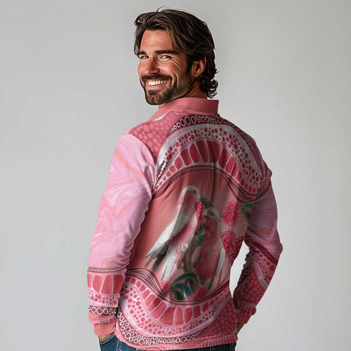 Indigenous Pink Galah Australia Long Sleeve Polo Shirt Australian Hakea Aboriginal Art Proud