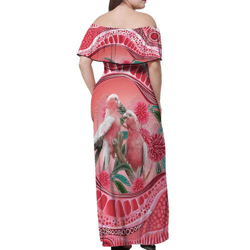 Indigenous Pink Galah Australia Off Shoulder Maxi Dress Australian Hakea Aboriginal Art Proud