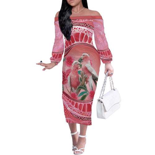 Indigenous Pink Galah Australia Off The Shoulder Long Sleeve Dress Australian Hakea Aboriginal Art Proud