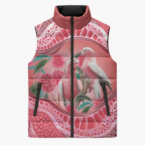 Indigenous Pink Galah Australia Sleeveless Puffer Jacket Australian Hakea Aboriginal Art Proud