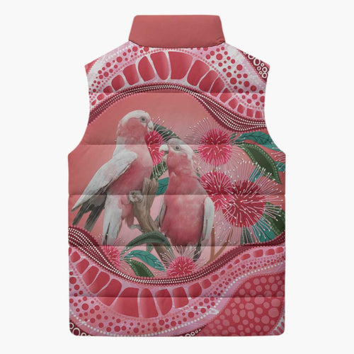 Indigenous Pink Galah Australia Sleeveless Puffer Jacket Australian Hakea Aboriginal Art Proud