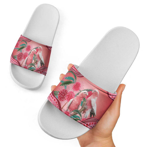 Indigenous Pink Galah Australia Slide Sandals Australian Hakea Aboriginal Art Proud