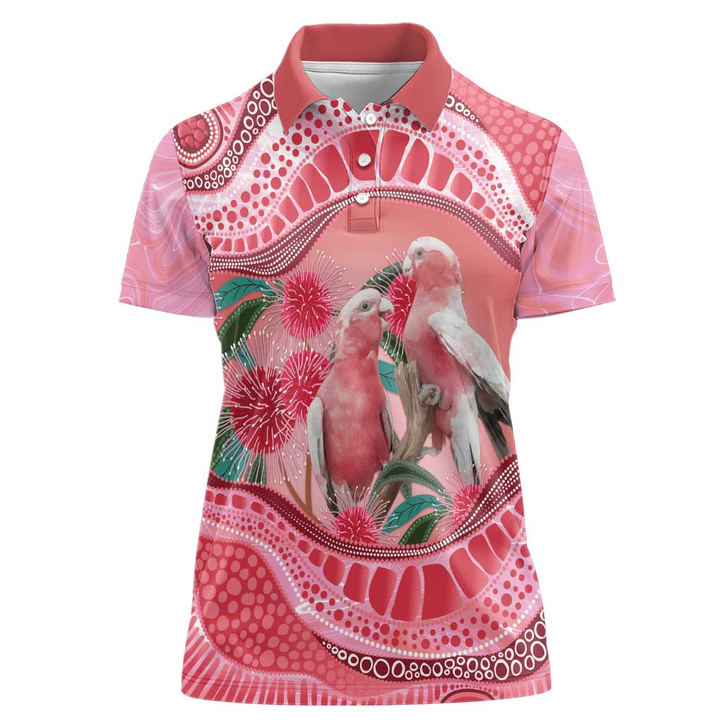 Indigenous Pink Galah Australia Women Polo Shirt Australian Hakea Aboriginal Art Proud