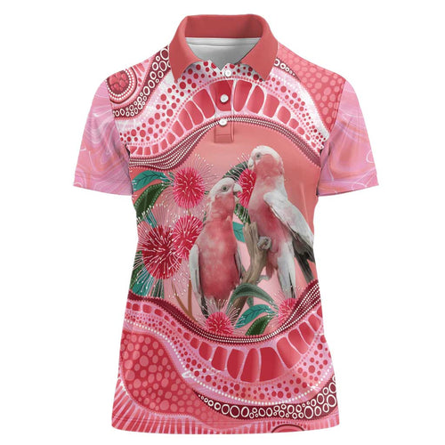 Indigenous Pink Galah Australia Women Polo Shirt Australian Hakea Aboriginal Art Proud