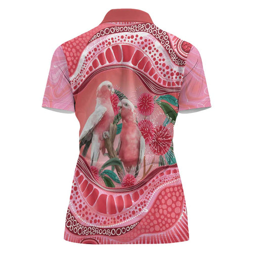 Indigenous Pink Galah Australia Women Polo Shirt Australian Hakea Aboriginal Art Proud