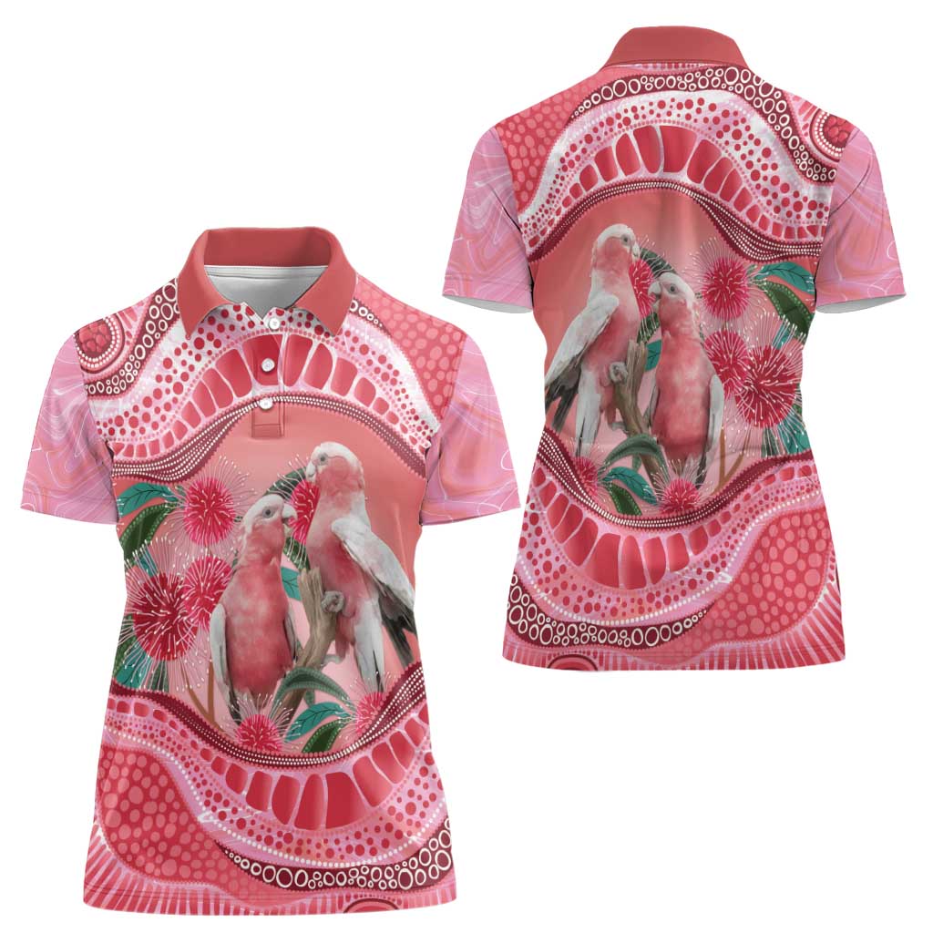 Indigenous Pink Galah Australia Women Polo Shirt Australian Hakea Aboriginal Art Proud