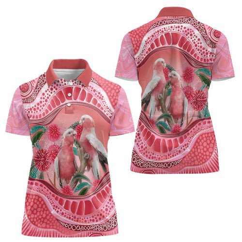 Indigenous Pink Galah Australia Women Polo Shirt Australian Hakea Aboriginal Art Proud