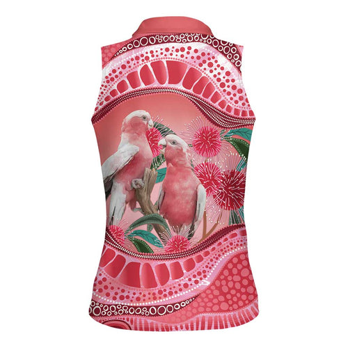 Indigenous Pink Galah Australia Women Sleeveless Polo Shirt Australian Hakea Aboriginal Art Proud