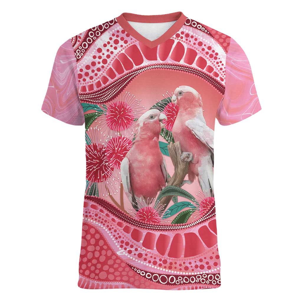Indigenous Pink Galah Australia Women V-Neck T-Shirt Australian Hakea Aboriginal Art Proud