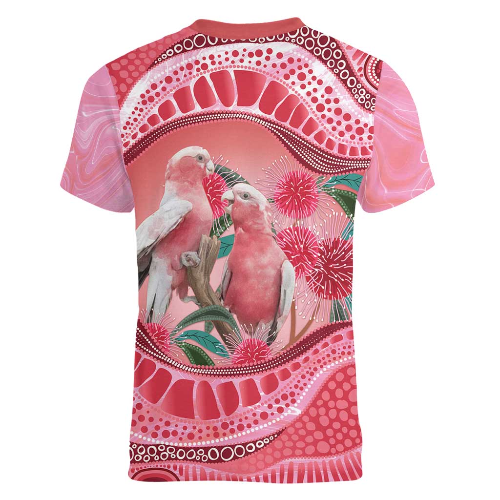 Indigenous Pink Galah Australia Women V-Neck T-Shirt Australian Hakea Aboriginal Art Proud