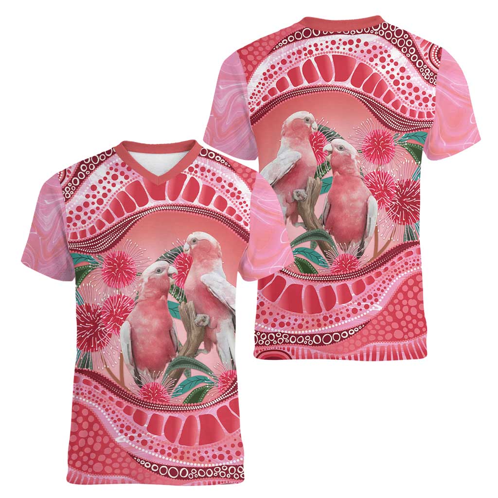 Indigenous Pink Galah Australia Women V-Neck T-Shirt Australian Hakea Aboriginal Art Proud