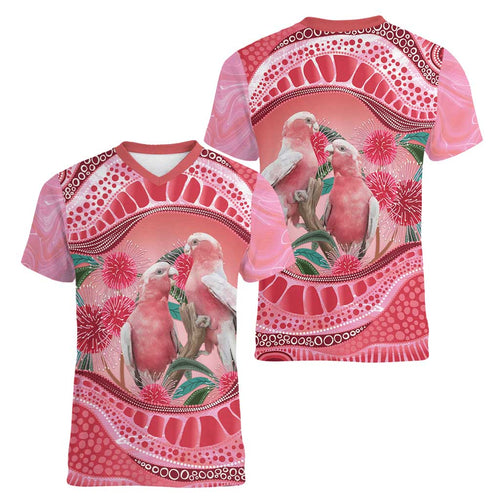 Indigenous Pink Galah Australia Women V-Neck T-Shirt Australian Hakea Aboriginal Art Proud