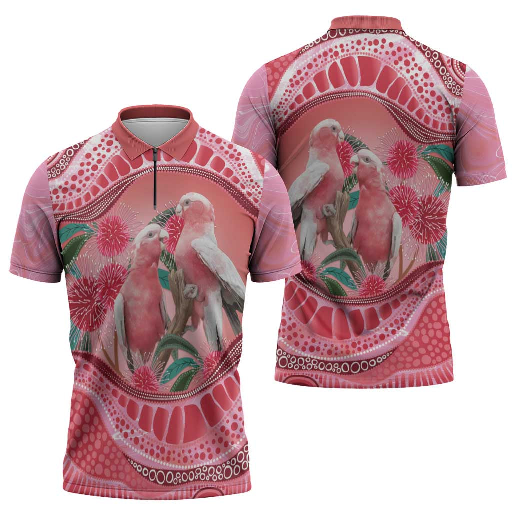 Indigenous Pink Galah Australia Zipper Polo Shirt Australian Hakea Aboriginal Art Proud