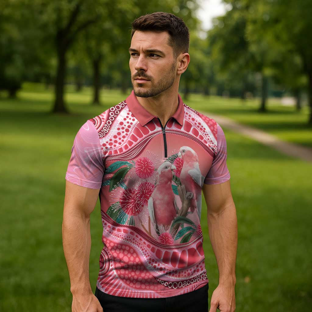 Indigenous Pink Galah Australia Zipper Polo Shirt Australian Hakea Aboriginal Art Proud