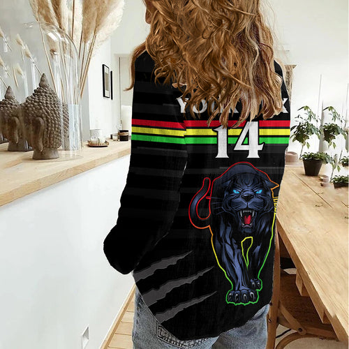 (Custom Text And Number) Penrith Panthers Rugby 2023 Women Casual Shirt The Riff Est 1966 Black Sporty LT14