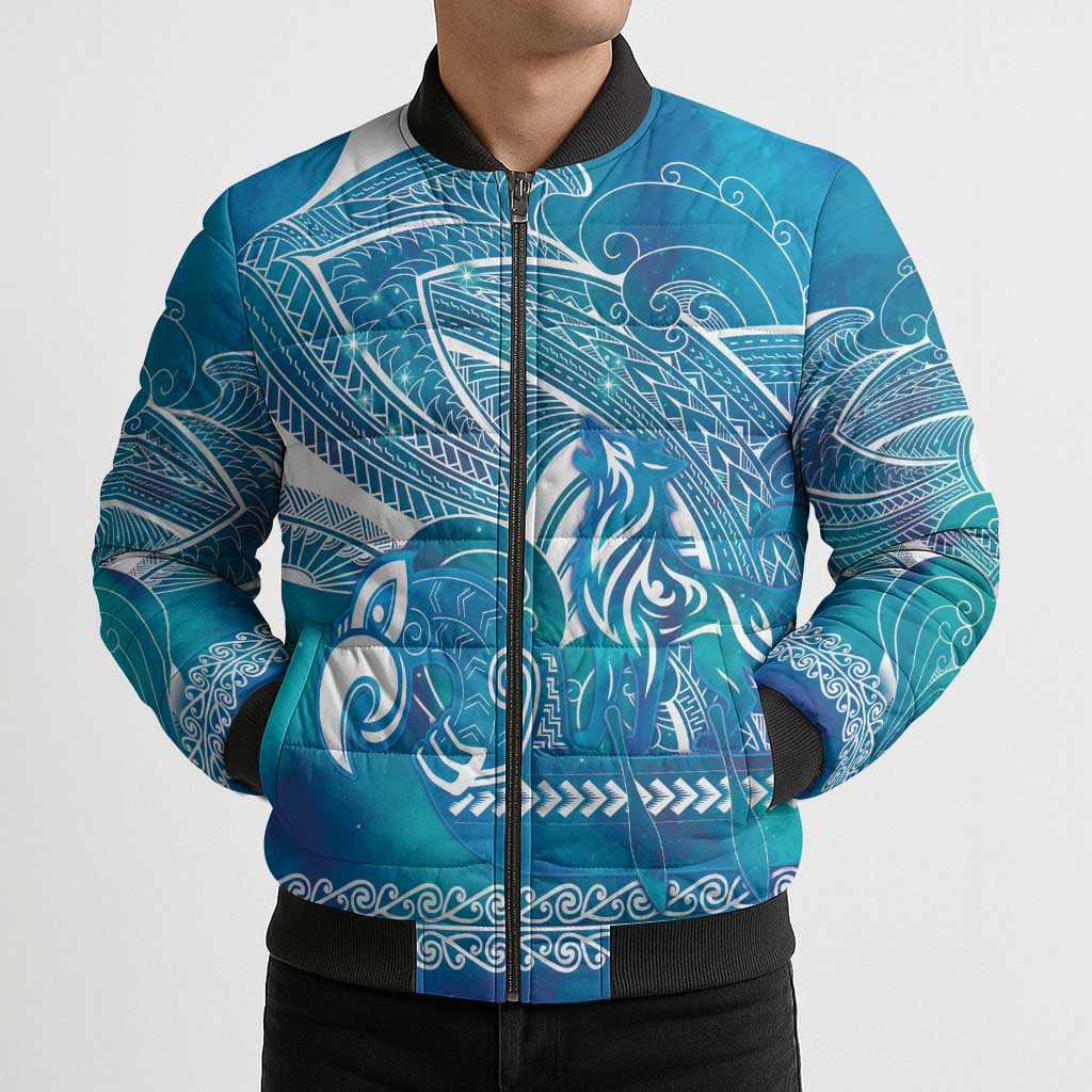 Kuri Dog Waka New Zealand Matariki Bomber Puffer Jacket Ocean Sharks Maori Tattoo