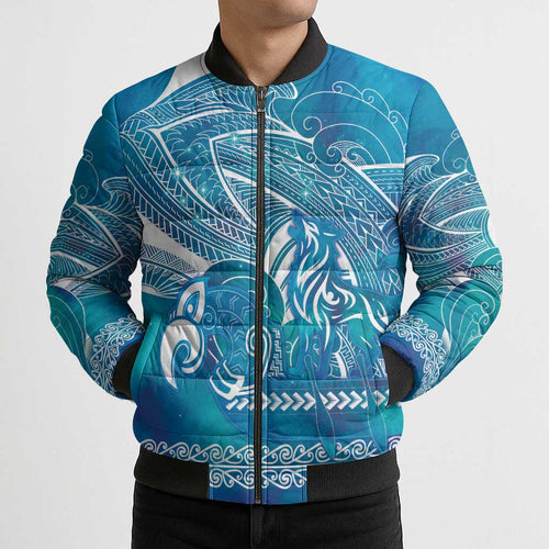 Kuri Dog Waka New Zealand Matariki Bomber Puffer Jacket Ocean Sharks Maori Tattoo