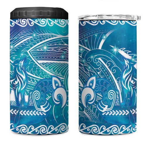 Kuri Dog Waka New Zealand Matariki 4 in 1 Can Cooler Tumbler Ocean Sharks Maori Tattoo