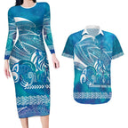 Kuri Dog Waka New Zealand Matariki Couples Matching Long Sleeve Bodycon Dress and Hawaiian Shirt Ocean Sharks Maori Tattoo