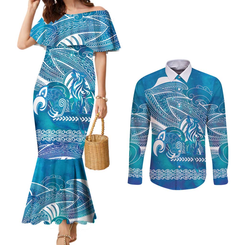 Kuri Dog Waka New Zealand Matariki Couples Matching Mermaid Dress and Long Sleeve Button Shirt Ocean Sharks Maori Tattoo